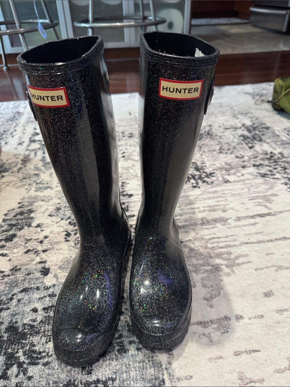 Hunter Kids Black Glitter Tall Rain Boots with Multicolor Sparkle size 5